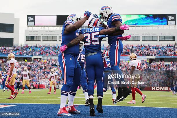 Mike Gillislee of the Buffalo Bills celerates a touchdown during the second half against the San Francisco 49ers at New Era Field on October 16, 2016...