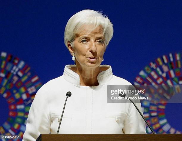 Japan - International Monetary Fund Managing Director Christine Lagarde speaks at a plenary session in Tokyo on Oct. 12 of the annual meetings of the...