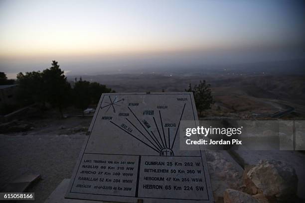 Map shows the directions and distances to Jerusalem, Jericho, Nablus, Ramallah, Lake Tiberias, Qumran, Herodium and Hebron on the other side of the...