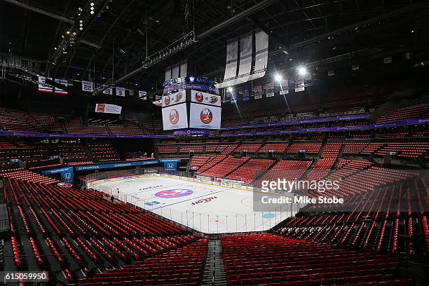 General view of the Barclay Center prior to the game between the New York Islanders and the Anaheim Ducks on October 16, 2016 in Brooklyn borough of...