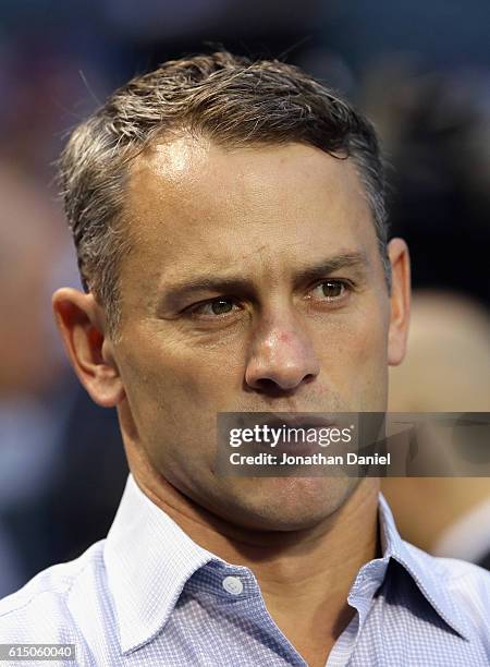 Cubs General Manager Jed Hoyer looks on prior to game two of the National League Championship Series between the Chicago Cubs and the Los Angeles...