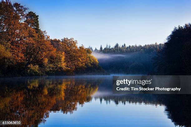 a colourful misty sunrise looking across a blue river with trees in autumn colours. - sussex occidentale foto e immagini stock