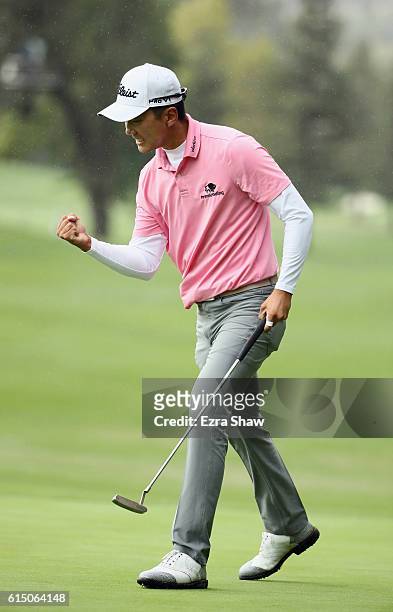 Michael Kim of South Korea reacts to his putt on the 16th hole during the final round of the Safeway Open at the North Course of the Silverado Resort...