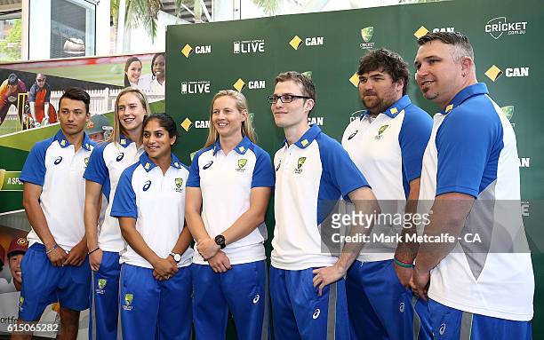 Ellyse Perry, Meg Lanning and Lisa Sthalekar pose with the captains of Australia's three National Disability teams, Gavan Hicks , Lindsay Heaven and...