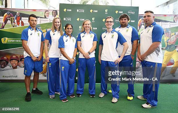 Ellyse Perry, Meg Lanning and Lisa Sthalekar pose with the captains of Australia's three National Disability teams, Gavan Hicks , Lindsay Heaven and...