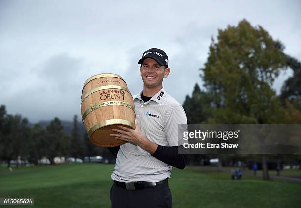 Brendan Steele poses with the trophy after his winning round on the 18th hole during the final round of the Safeway Open at the North Course of the...