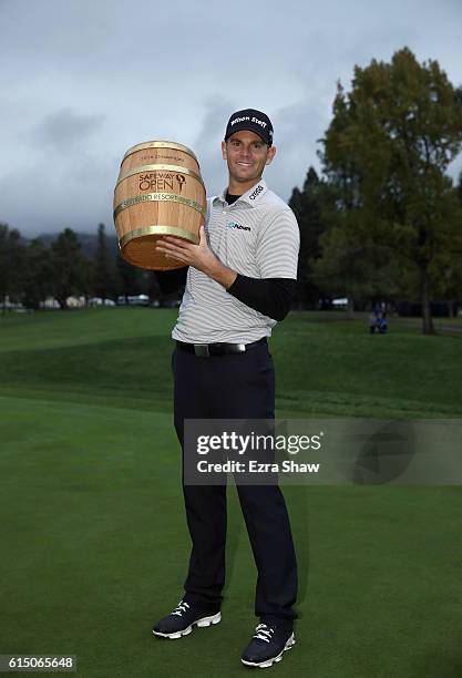 Brendan Steele poses with the trophy after his winning round on the 18th hole during the final round of the Safeway Open at the North Course of the...