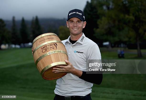 Brendan Steele poses with the trophy after his winning round on the 18th hole during the final round of the Safeway Open at the North Course of the...