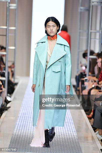 Model walks the runway wearing Mikhael Kale Spring and Summer 2017 collection during FashionCAN at Yorkdale Shopping Centre on October 16, 2016 in...
