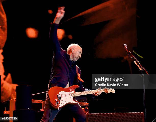 Musician Pete Townshend of The Who performs during Desert Trip at the Empire Polo Field on October 16, 2016 in Indio, California.