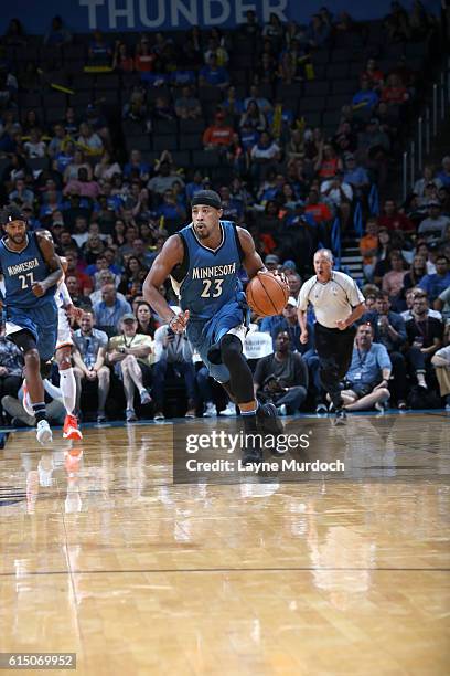 Toure' Murry of the Minnesota Timberwolves handles the ball against the Oklahoma City Thunder on October 16, 2016 at Chesapeake Energy Arena in...