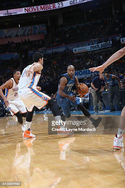 John Lucas III of the Minnesota Timberwolves drives to the basket against the Oklahoma City Thunder on October 16, 2016 at Chesapeake Energy Arena in...