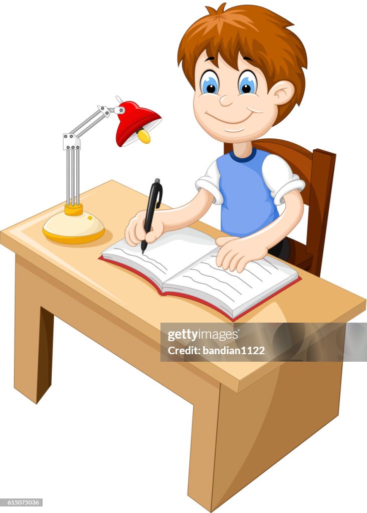 Divertido Niño De Dibujos Animados Estudiando En Un Escritorio Ilustración  de stock - Getty Images