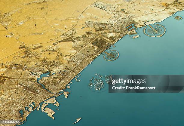 dubai 3d landscape view north-south natural color - map of the uae stock pictures, royalty-free photos & images