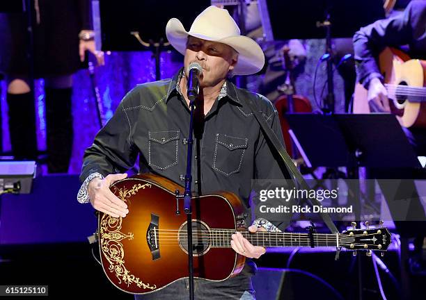 Alan Jackson performs 'On the Other Hand' to honor Randy Travis onstage during the 2016 Medallion Ceremony at Country Music Hall of Fame and Museum...