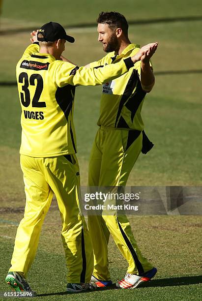 Adam Voges of the Warriors celebrates with Andrew Tye of the Warriors after running out Matt Short of CA XI during the Matador BBQs One Day Cup match...