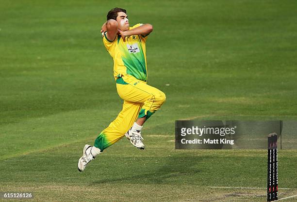 Xavier Bartlett of CA XI bowls during the Matador BBQs One Day Cup match between the Cricket Australia XI and Western Australia at Hurstville Oval on...