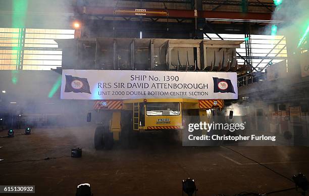 The keel arrives prior to the keel-laying ceremony of the new polar research ship for Britain, RRS Sir David Attenborough, which is named after him,...