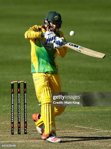 Jake Carder of CA XI bats during the Matador BBQs One Day Cup match between the Cricket Australia XI and Western Australia at Hurstville Oval on...
