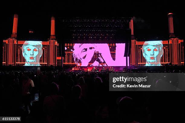 An illustration of Donald Trump appears on the screen during Roger Waters performance at Desert Trip at The Empire Polo Club on October 16, 2016 in...