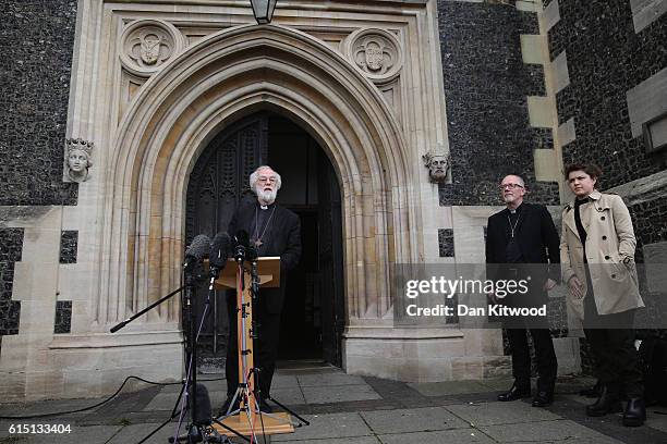 Former Archbishop of Canterbury Dr Rowan Williams speaks to the media as Jonathan Clark, Area Bishop of Croydon and Bethany Gardiner-Smith, from...