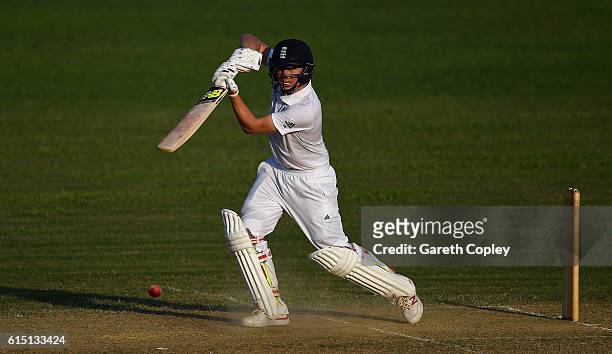 Gary Ballance of England bats during day two of the tour match between a Bangladesh Cricket Board XI and England at MA Aziz stadium on October 17,...