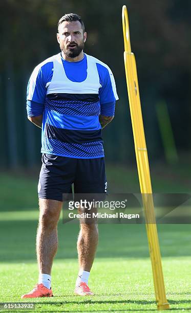 Marcin Wasilewski of Leicester City looks on during a Leicester City training session ahead of their UEFA Champions League match against FC...