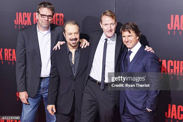 Director Edward Zwick, author Lee Child, and Tom Cruise arrive on the red carpet for "Jack Reacher: Never Go Back" Fan Screening at AMC Elmwood...