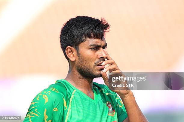 Bangladesh cricket player Mehedi Hasan takes part in a practice session at Zahur Ahmed Chowdhury Stadium in Chittagong on October 17 ahead of the...