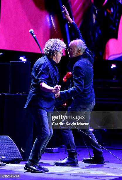 Musicians Roger Daltrey and Pete Townshend of The Who perform onstage during Desert Trip at The Empire Polo Club on October 16, 2016 in Indio,...