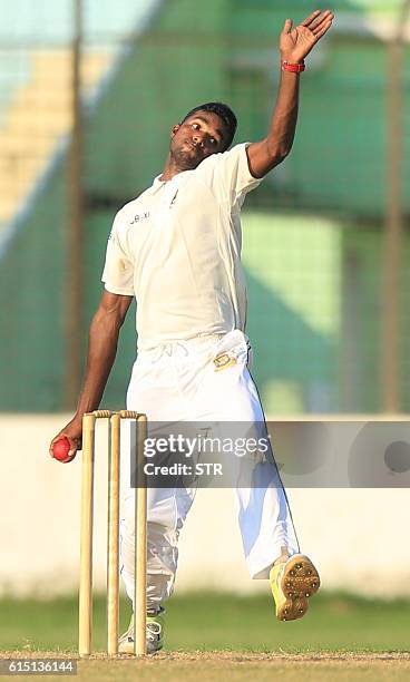 Bangladesh Cricket Board XI cricketer Ebadat Hossain delivers the ball during the warm-up match between England XI and BCB XI at the MA Aziz Stadium...