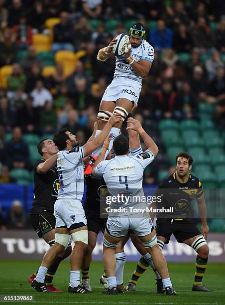 Pierre Spies of Montpellier gathers the ball in the line out during the European Rugby Champions Cup match between Northampton Saints and Montpellier...