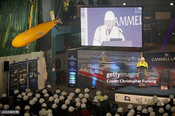Naturalist Sir David Attenborough addresses the audience during the keel-laying ceremony of the new polar research ship for Britain, RRS Sir David...