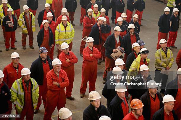 Shipyard workers look on as naturalist Sir David Attenborough takes part in the keel-laying ceremony of the new polar research ship for Britain, RRS...
