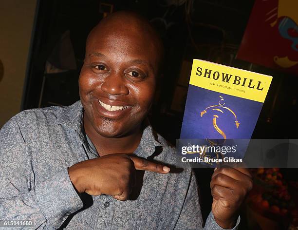 Tituss Burgess poses backstage at the hit musical "Disney's Aladdin" on Broadway at The New Amsterdam Theatre on October 16, 2016 in New York City.