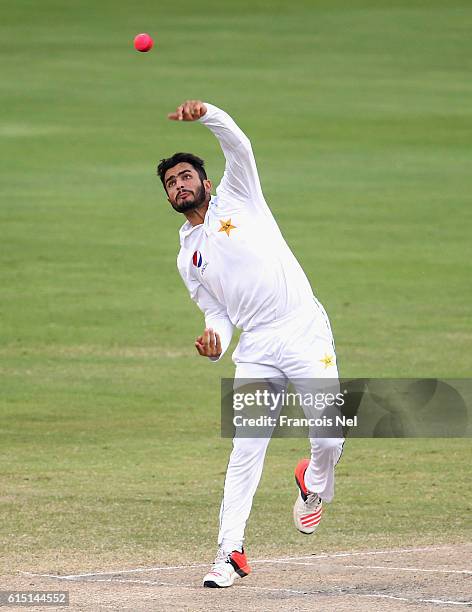 Mohammad Nawaz of Pakistan bowls during Day Five of the First Test between Pakistan and West Indies at Dubai International Cricket Ground on October...