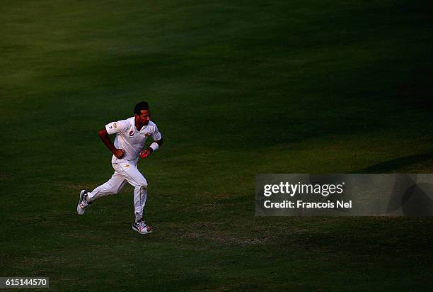 Wahab Riaz of Pakistan bowls during Day Five of the First Test between Pakistan and West Indies at Dubai International Cricket Ground on October 17,...