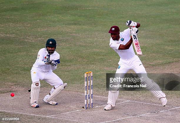 Roston Chase of West Indies bats during Day Five of the First Test between Pakistan and West Indies at Dubai International Cricket Ground on October...