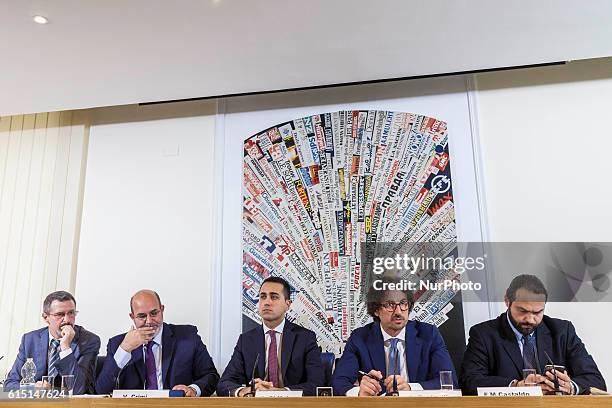 Five Star Movement's representative: Giovanni Endrizzi, Vito Crimi, Luigi Di Maio, Danilo Toninelli and Fabio Massimo Castaldo attend a press...