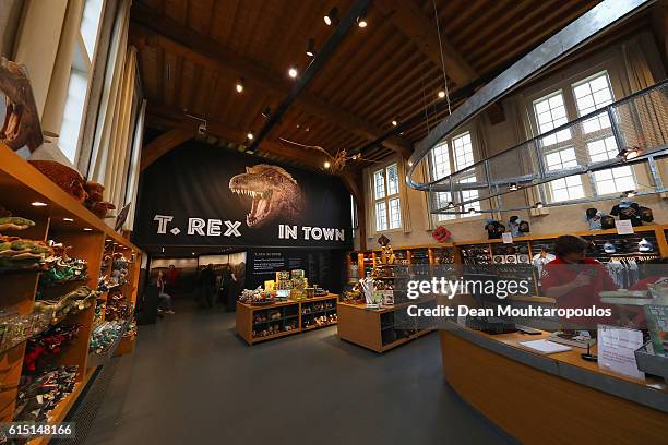 General view of the gift shop at Trix the female T-Rex exhibition at the Naturalis or Natural History Museum of Leiden on October 17, 2016 in Leiden,...