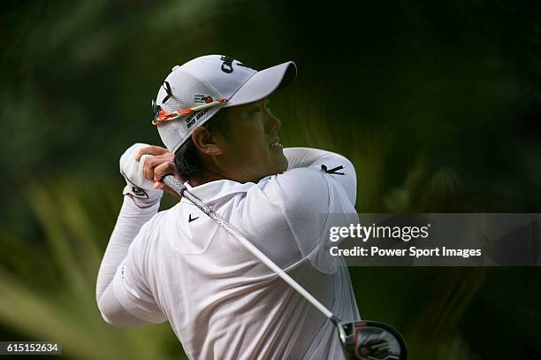 Pariya Junhasavasdikul of Thailand plays a shot during round four of the 2016 Venetian Macao Open at Macau Golf and Country Club on October 16, 2016...