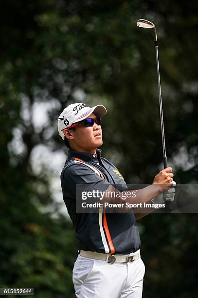 Rattanon Wannasrichan of Thailand plays a shot during round four of the 2016 Venetian Macao Open at Macau Golf and Country Club on October 16, 2016...