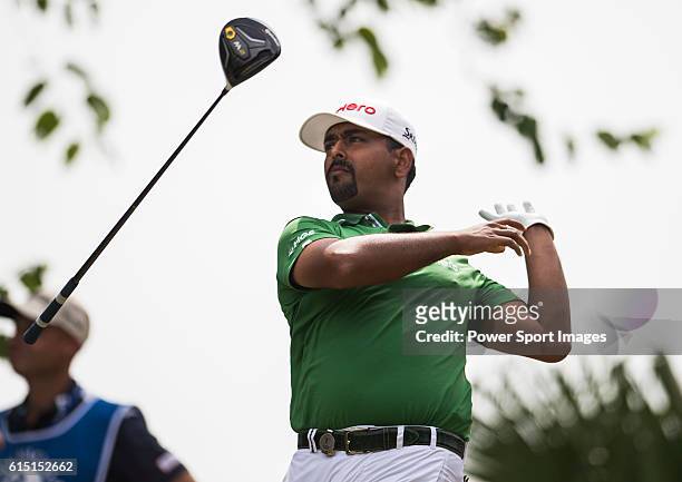 Anirban Lahiri of India plays a shot during round four of the 2016 Venetian Macao Open at Macau Golf and Country Club on October 16, 2016 in Macau,...