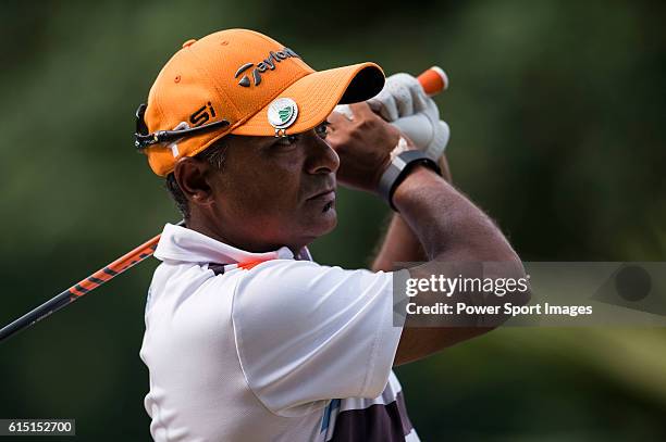 Rahil Gangjee of India plays a shot during round four of the 2016 Venetian Macao Open at Macau Golf and Country Club on October 16, 2016 in Macau,...