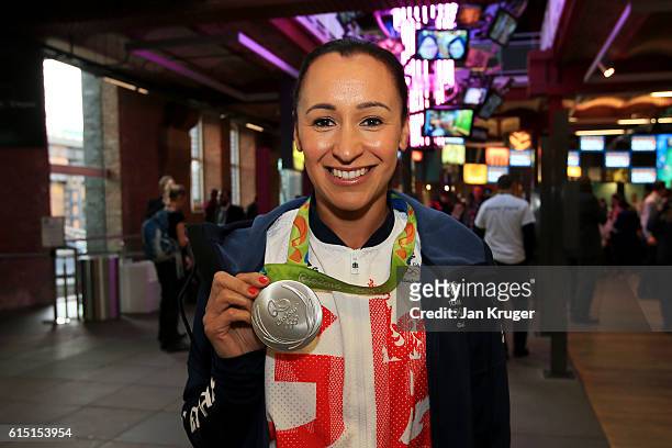 Jessica Ennis-Hill of Great Britain poses with her medal before a Rio 2016 Victory Parade for the British Olympic and Paralympic teams on October 17,...