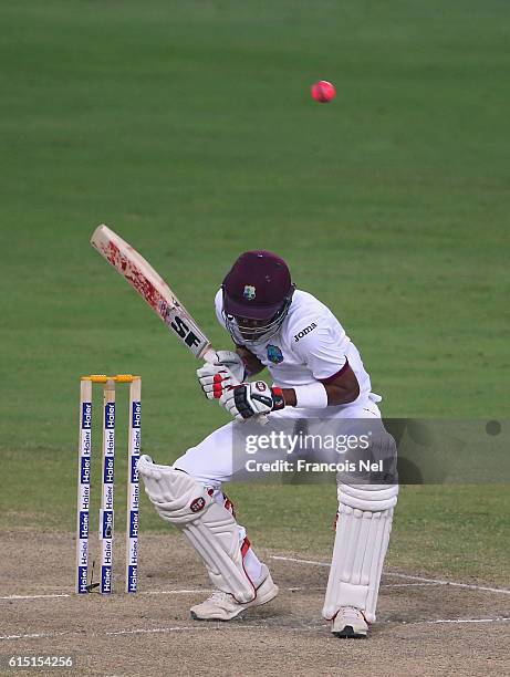 Roston Chase of West Indies bats during Day Five of the First Test between Pakistan and West Indies at Dubai International Cricket Ground on October...