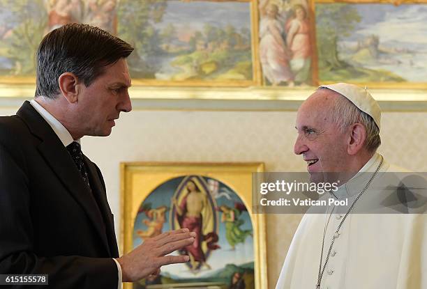 Pope Francis meets the President of the Slovenia Republic Borut Pahor at the Apostolic Palace on October 17, 2016 in Vatican City, Vatican. During...