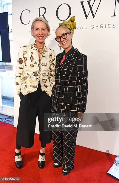 Michele Clapton and Caryn Franklin attend a presentation featuring costumes from new Netflix Original series "The Crown" with designer Michele...