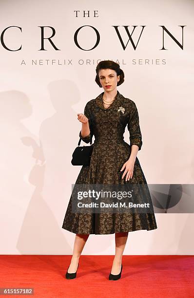 Model poses at a presentation featuring costumes from new Netflix Original series "The Crown" with designer Michele Clapton at the ICA on October 17,...