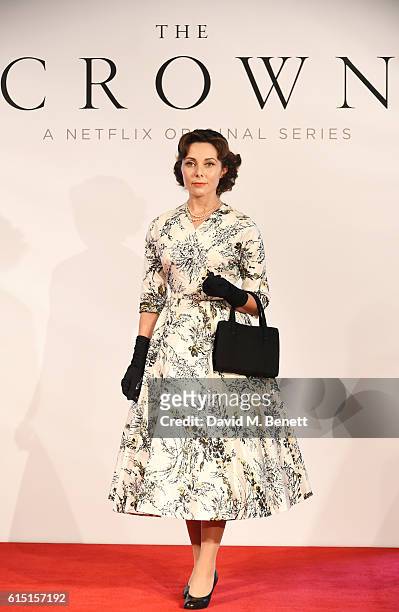 Model poses at a presentation featuring costumes from new Netflix Original series "The Crown" with designer Michele Clapton at the ICA on October 17,...